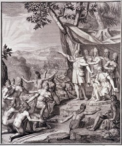 Der erste Inka Manco Capac und Königin Coya Mama Oello Huaco, seine Frau, beide Kinder der Sonne, versammeln die Wilden - in „Historische Reise durch Südamerika im Auftrag des Königs von Spanien“ von Don Georges Juan & Don Antoine de Ulloa, T.II, ed. Jombe