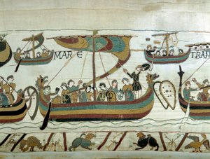 Die Flotte von Wilhelm I. dem Eroberer (1027-1087) überquert den Kanal nach England. Bayeux-Tapete oder Stickerei von Königin Mathilde