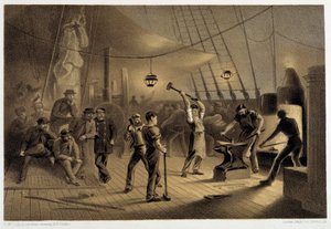 Die Schmiede an Deck. Nacht des 9. August, Vorbereitung der Eisenplatten für den Spill - in "Das Atlantische Telegraphenkabel" von W. H. Russel, ca. 1860 von Unknown artist