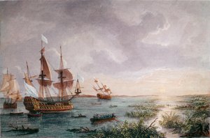 Der französische Entdecker Rene Robert Cavelier, Sieur de LaSalle entdeckt Louisiana, 1684 (Gravur)