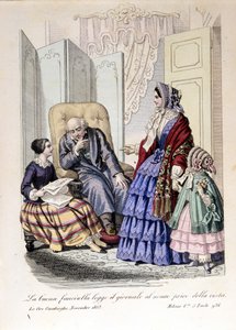 Das Mädchen liest ihrem Großvater, der das Augenlicht verloren hat, die Zeitung vor. Aus „The ore casalinghe“, November 1853. von Unknown artist