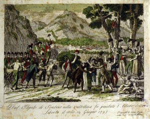 Die Einwohner von Sondrio de la Valtellina pflanzen den Baum der Freiheit, Symbol des Sieges über das Alte Regime. 14.06.1797. Gravur