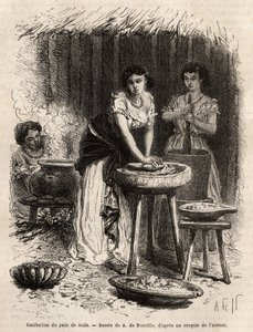 Die Herstellung von Maisbrot, der Grundlage der Nahrung, durch Frauen des Großen Cauca-Tals (Kolumbien). Gravur zur Illustration der Reise nach Neu-Granada, von Dr. Saffray, 1869, veröffentlicht in „Le tour du monde“ 1873, herausgegeben von Edouard Charton
