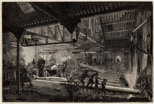 Die Herstellung der Schienen in den alten Schmieden von Le Creusot, die Stahlstreifen, weiß vor Hitze, werden zwischen den Walzwerken zu Schienen gestreckt. Gravur zur Illustration einer Reise nach Le Creusot und den Minen von Saone und Loire, 1865, von L.