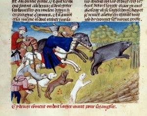 Die Miniatur-Wildschweinjagd aus „Das Buch der Jagd“ von Gaston III Phoebus, Graf von Foix, Herr von Béarn (1331-1391) von Unknown artist