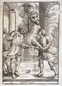 Das Wunder des heiligen Eloi (Heilung eines amputierten Pferdes) - Gravur.