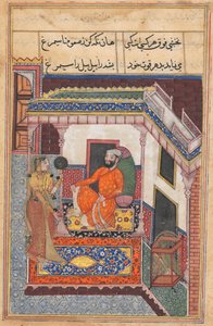 Der Papagei lacht, als er hört, wie die Frau des Raja von Ujjain ihre Schönheit im Spiegel bewundert, aus einem Tuti-nama (Geschichten eines Papageis): Sechsundvierzigste Nacht