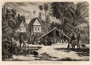 Die Herstellung von Töpferwaren in Saniaboury (Laos). Gravur zur Illustration der Entdeckungsreise in Indochina, von Francis Garnier, Leutnant de Vaissseau, 1866-1868, veröffentlicht in „Le tour du monde“ 1870-1871, herausgegeben von Edouard Charton, Ausga