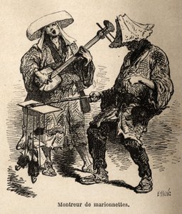 Das Puppenspiel und der Musiker, der ihn für Straßenunterhaltung begleitet. Gravur zur Illustration der Reise nach Japan, von Aime Humbert, Minister der Schweizerischen Eidgenossenschaft, veröffentlicht in „Le tour du monde, nouveau journal des voyages“, u