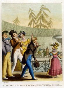 Das Sprichwort: „Ein Affe, selbst in Seide gekleidet, bleibt ein Affe“ (Der Mantel macht nicht den Mönch). Illustration aus einer Sammlung von Sprichwörtern des 18. Jahrhunderts von Unknown artist
