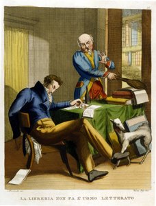 Das Sprichwort: „Die Bibliothek macht den Menschen nicht kultiviert“. Illustration aus einer Sammlung von Sprichwörtern des 18. Jahrhunderts.