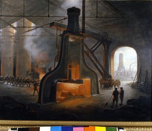 Der Dampfhämmer (Schlaghammer), erfunden von J. Nasmyth, in Aktion in Metallurgieanlagen in Manchester. Anonymes Gemälde