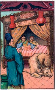 Der schreckliche Eber. Chinesisches Märchen. Chromolithographie aus dem späten 19. Jahrhundert.
