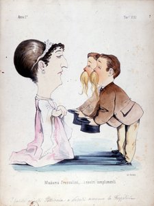 Die Zwillingsbrüder Pelliccia empfingen Erminia Frezzolini, die italienische Sopranistin (1818-1884). Karikatur aus dem 19. Jahrhundert.