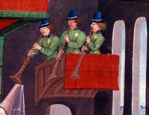 Das Hochzeitsbankett von Clarisse, Tochter von König Yvon von Gascogne und Renaud (Detail). Miniatur aus dem Manuskript „Renaud de Montauban“ oder „Les quatre fils Aymon“ von Loyset Liedet (aktiv zwischen 1448 und 1478). Ms. 5073