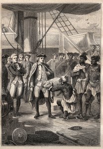Dritte Reise (1776-1779) von Kapitän James Cook (1728-1779): Priester Koah bietet Cook ein kleines Schwein an Bord des Schiffes Resolution an (Hawaii) - Illustration aus „Die großen Seefahrer des 18. Jahrhunderts“