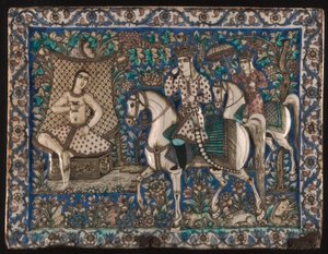Fliese, die Khusrau zeigt, wie er auf Shirin beim Baden trifft
