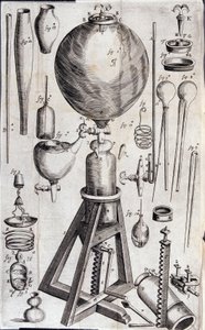 Werkzeuge für wissenschaftliche Experimente - in „Nova experimenta physico-mechanica de vi aeris elastica, et ejusdem effectibus, facta maximam partem in nova machina pneumatica“ von Robert Boyle von Unknown artist