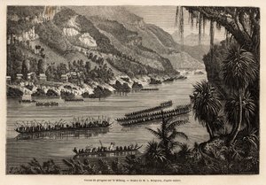 Traditionelles Kanurennen auf dem Mekong, jedes Jahr am Ende der Regenzeit organisiert, als prestigeträchtiger Wettbewerb zwischen den Fischerei- und Bauerndörfern in der Nähe des Flusses. Gravur zur Illustration der Entdeckungsreise in Indochina, von Fran von Unknown artist