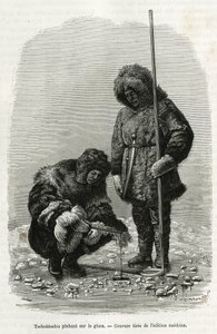 Tschuktschen fischen auf Eis in der Koljutschin-Bucht (Polarkreis). Gravur aus der schwedischen Ausgabe, zur Illustration der Geschichte „Reise der Vega um Asien und Europa“, von Nils Adolf Erik (Eric) Baron Nordenskjöld (Nordenskiöld) (1832-1901), in den 