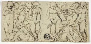Zwei dekorative Gruppen von Putti mit Trompeten und Früchten