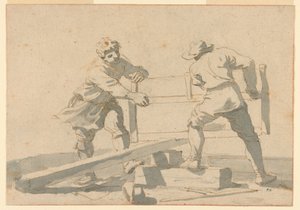 Zwei Männer sägen ein Brett von Unknown artist