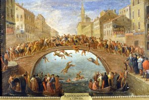 Venedig, das Spiel der Brücke. Anonymes Gemälde. 18. Jahrhundert. Private Sammlung