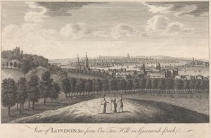 Blick auf London und die Kirche vom One Tree Hill im Greenwich Park