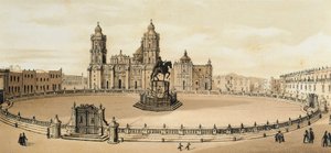 Ansicht des Zocalo-Platzes und der Kathedrale in Mexiko-Stadt, Mexiko. Lithographie aus dem späten 19. Jahrhundert