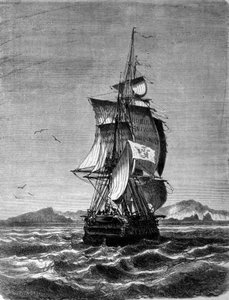 Ansicht der österreichischen Fregatte Novara vor der Insel St. Paul im Indischen Ozean im Jahr 1857. Gravur aus dem 19. Jahrhundert