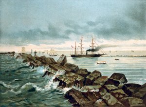 Ansicht des Suezkanals, eröffnet am 17.09.1869. Chromolithographie des 19. Jahrhunderts