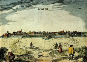 Ansicht der Stadt Leipzig in Deutschland. Gravur des 18. Jahrhunderts