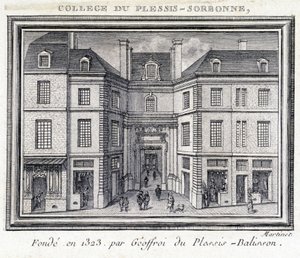 Ansicht der Außenfassade des Plessis-Sorbonne-Kollegs (Paris), gegründet 1323 von Geoffroy von Plessis Balisson, genutzt von 1848 bis 1849 von der ENA. Gravur im Musée Carnavalet, Paris von Unknown artist