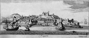 Ansicht der befestigten Stadt Tanger und der Küste, Marokko. Gravur aus dem 18. Jahrhundert von Unknown artist
