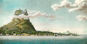 Ansicht der Insel Bora Bora im heutigen Französisch-Polynesien. Stich des 18. Jahrhunderts. Privatsammlung