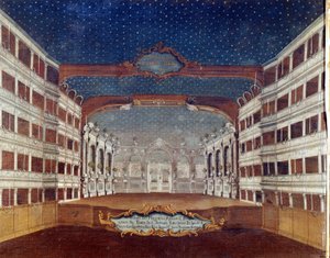 Ansicht des Theaters San Samuele in Venedig, das 1747 durch Feuer zerstört wurde. Zeichnung aus dem 18. Jahrhundert von Unknown artist