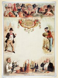 Jungfrau-Menü, illustriert die fünf Sinne - Chromolithografie, Ende des 19. Jahrhunderts