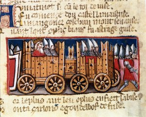 Kriegsmaschinen, Vorläufer des Panzers, verwendet von Karl dem Großen gegen die Mauren Spaniens - in „Eingang von Spanien“, Manuskript aus dem 14. Jahrhundert. Biblioteca Marciana, Venedig von Unknown artist