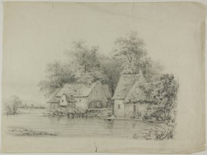 Wassermühle und Hütte mit Strohdächern