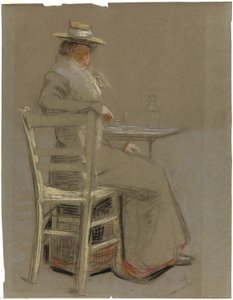 Frau, die an einem Tisch sitzt von Unknown artist