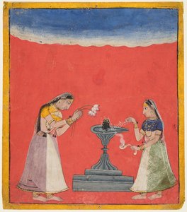 Frauen verehren einen Shiva Linga: Devagandhari Ragini von Hindol, aus einer Chamba Ragamala von Unknown artist