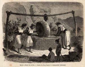 Frauenarbeit, Olivenmühle, eines der Hauptagrarprodukte in Djurjura (Algerien). Illustration des Ausflugs nach Groß-Kabylie, zwischen dem Mittelmeer und Djurjura, 1864, von Kommandant Duhousset, in "Le tour du monde, nouveau"