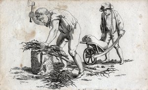 Holzfäller, die Holz bündeln, und ein Mann, der Bündel auf einer Schubkarre trägt. Gravur Ende des 18. Jahrhunderts. Private Sammlung von Unknown artist