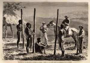 Arbeiter aus den Neuen Hebriden (oder seit 1980, die Republik Vanuatu, ein melanesischer Archipel nördlich von Neukaledonien), die ein Haus bauen, das der Autor während eines Ausritts trifft. Illustration der Reise nach Neukaledonien von Unknown artist