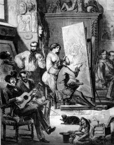 Werkstatt eines Malers im 19. Jahrhundert. Einige spielen Musik, andere rauchen, während der Maler zeichnet. Gravur des 19. Jahrhunderts