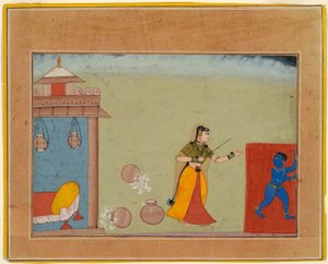 Yashoda bestraft ihren Pflegesohn, den jungen Krishna, Seite aus einem Manuskript des Bhagavata Purana von Unknown artist