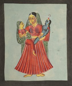 Yasoda hält Krishna und Radha