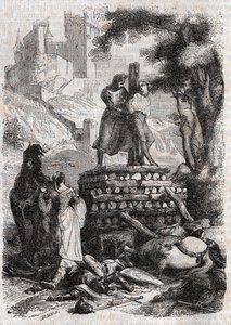 Zerbin auf dem Scheiterhaufen, befreit von Roland (Gravur von 1851 aus „Furioser Roland“) von Unknown artist