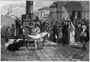 Ein Mann und eine Frau, Ehebrecher, werden auf dem Dorfplatz in Frankreich im Mittelalter ausgepeitscht. Gravur des 19. Jahrhunderts, die die Sitten der Franzosen illustriert von Unknown artist