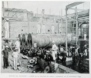 Installation von Dampfkesseln der Baumwollspinnerei Haiphong am 25.09.1899 - in „Le Tonkin en 1900“ von Robert Dubois